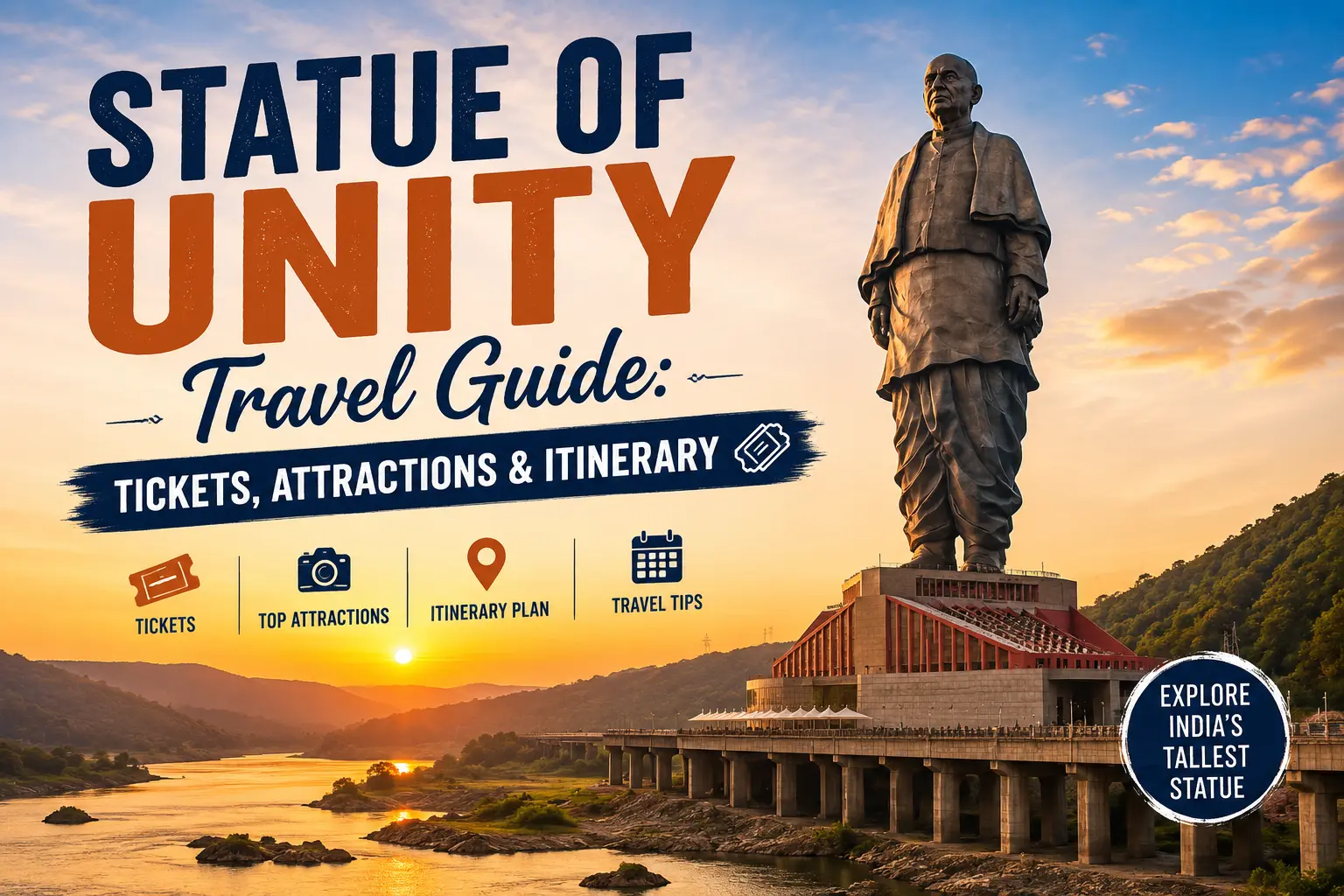 The Statue of Unity is one of India's most iconic landmarks and a symbol of national pride. Standing at an incredible height of 182 meters, it is the tallest statue in the world and is dedicated to Sardar Vallabhbhai Patel, the Iron Man of India and the architect of India's political integration after independence. Located near Kevadia in Gujarat's Narmada district, the Statue of Unity has transformed into one of the country's most visited tourist destinations. Since its inauguration in 2018, the monument has attracted millions of visitors from across India and around the world. What started as a single attraction has now developed into a massive tourism hub featuring museums, observation decks, riverfronts, adventure activities, nature parks, jungle safaris, cruises, eco-tourism sites, and family-friendly attractions. Whether you're travelling with family, as a couple, with friends, or on a solo trip, the Statue of Unity offers a complete travel experience that easily justifies a two to three-day visit. Quick Information Information Details State Gujarat District Narmada Location Kevadia Height 182 Metres Dedicated To Sardar Vallabhbhai Patel Best Time to Visit October to March Ideal Trip Duration 2–3 Days Nearest Airport Vadodara Airport Nearest Railway Station Ekta Nagar Railway Station Budget ₹3,000–₹15,000+ Per Day Why Visit the Statue of Unity? The Statue of Unity is much more than a giant statue. It is one of India's most modern tourism destinations offering a combination of history, architecture, adventure, nature, and entertainment. Visitors can enjoy panoramic views from the observation deck, explore the Valley of Flowers, visit a world-class museum, experience laser shows, enjoy river cruises, explore wildlife parks, and discover tribal culture. The surrounding area has been carefully developed into a family-friendly destination with excellent infrastructure, making it suitable for travellers of all ages. The monument itself is an engineering marvel and represents India's ambition, unity, and progress. History of the Statue of Unity The statue honours Sardar Vallabhbhai Patel, India's first Deputy Prime Minister and Home Minister. Patel played a crucial role in unifying more than 560 princely states after India's independence. The foundation stone was laid in 2013, and the statue was inaugurated on 31 October 2018, which coincides with Patel's birth anniversary. Designed by renowned sculptor Ram V. Sutar, the monument stands on Sadhu Bet Island on the Narmada River, facing the Sardar Sarovar Dam. At 182 metres, it surpasses many famous monuments worldwide and remains the tallest statue on Earth. Best Time to Visit Winter (October to March) Winter is the ideal season to visit. Temperature Range: 15°C to 30°C Advantages: Pleasant weather Comfortable sightseeing Clear observation deck views Better photography conditions Ideal for outdoor attractions Summer (April to June) Summer temperatures can exceed 40°C. Advantages: Less crowded Better hotel deals Disadvantages: Hot afternoons Outdoor walking may be uncomfortable Monsoon (July to September) Monsoon transforms the region into a lush green paradise. Advantages: Beautiful scenery Waterfalls become active Stunning dam views Disadvantages: Occasional heavy rainfall How to Reach the Statue of Unity By Air The nearest airport is Vadodara Airport. Distance: Approximately 90 km Other nearby airports include: Airport Distance Vadodara 90 km Ahmedabad 200 km Surat 155 km Taxis and private transfers are available from all airports. By Train The nearest railway station is Ekta Nagar Railway Station. Several direct trains connect Ekta Nagar with: Ahmedabad Mumbai Delhi Surat Vadodara Varanasi The railway station is only a few kilometres from the monument. By Road The Statue of Unity enjoys excellent road connectivity. City Distance Vadodara 90 km Ahmedabad 200 km Surat 155 km Rajkot 320 km Bhavnagar 290 km Udaipur 310 km Many travellers prefer self-drive road trips due to excellent highways. Statue of Unity Ticket Information Attraction Approximate Entry Statue Viewing Ticket ₹150–₹250 Observation Deck Ticket ₹380–₹450 Jungle Safari Separate Ticket River Cruise Separate Ticket Children's Nutrition Park Separate Ticket Cactus Garden Separate Ticket Ticket prices may change periodically, so visitors should verify current rates before travel. Statue of Unity Timings Attraction Timings Statue of Unity Complex 8:00 AM – 6:00 PM Observation Deck 8:00 AM – 6:00 PM Valley of Flowers 8:00 AM – 6:00 PM Laser Show Evening River Cruise Throughout Day Jungle Safari Morning to Evening The monument remains closed on Mondays for maintenance. Top Attractions at Statue of Unity 1. Statue of Unity The main attraction of the complex. Visitors can explore: Exhibition Hall Museum Audio-Visual Gallery Observation Deck The observation deck is located approximately 153 metres above ground level and offers panoramic views of the Narmada River, Satpura Hills, and Sardar Sarovar Dam. 2. Valley of Flowers Spread across several kilometres, this beautiful garden features colourful flowers, landscaped pathways, fountains, and scenic viewpoints. Best Time: Morning or evening. 3. Sardar Patel Museum This museum showcases Patel's life, India's freedom movement, and the construction of the monument. 4. Observation Deck One of the most exciting experiences at the Statue of Unity. Visitors enjoy spectacular aerial views of: Narmada River Sardar Sarovar Dam Vindhya Hills Satpura Hills 5. Sardar Sarovar Dam One of India's largest dams and an engineering marvel. The viewpoint offers incredible photography opportunities. 6. Jungle Safari A popular family attraction featuring: Lions Tigers Leopards Zebras Deer Exotic birds 7. Children's Nutrition Park A unique educational theme park designed to teach children about nutrition through fun activities. 8. Ekta Cruise A scenic boat ride on the Narmada River offering stunning views of the monument. 9. Cactus Garden Home to thousands of cactus species from around the world. 10. Butterfly Garden A peaceful attraction showcasing colourful butterfly species and beautifully landscaped surroundings. 11. Ekta Mall Perfect for shopping local handicrafts and products from different Indian states. 12. Glow Garden A night-time attraction featuring illuminated installations and artistic displays. 13. Zarvani Waterfall Located nearby, this seasonal waterfall becomes particularly beautiful during and after the monsoon season. Best Things to Do Visit the observation deck. Watch the evening laser show. Explore Valley of Flowers. Enjoy a river cruise. Visit Jungle Safari. Shop at Ekta Mall. Experience the Glow Garden. Explore Butterfly Garden. Visit Sardar Sarovar Dam. Take photography tours around the complex. Famous Food to Try The area offers a mix of Gujarati and multi-cuisine options. Must-try dishes: Gujarati Thali Sev Tameta Dhokla Khaman Fafda Jalebi Thepla Undhiyu Kadhi Khichdi Handvo Kathiawadi Thali Best Hotels Near Statue of Unity Budget Hotels Hotel Approx Price Hotel Unity Inn ₹2,000–₹3,500 Hotel Narmada ₹2,500–₹4,000 Hotel Vrundavan ₹2,000–₹4,000 Mid-Range Hotels Hotel Approx Price The Fern Sardar Sarovar Resort ₹5,000–₹8,000 Fortune Statue of Unity ₹5,500–₹9,000 Narmada Tent City ₹6,000–₹10,000 Luxury Hotels Hotel Approx Price Tent City Luxury Package ₹10,000–₹20,000+ Premium Riverside Resorts ₹12,000–₹25,000+ Shopping Guide Best places: Ekta Mall Local Handicraft Centres Tribal Product Stores Popular purchases: Handicrafts Bamboo products Tribal artwork Souvenirs Local textiles Organic products Suggested 3-Day Itinerary Day 1 Arrive at Kevadia. Visit: Statue of Unity Museum Observation Deck Evening: Watch the laser light and sound show. Day 2 Visit: Valley of Flowers Jungle Safari Butterfly Garden Cactus Garden Evening: River Cruise and Glow Garden. Day 3 Visit: Sardar Sarovar Dam Ekta Mall Zarvani Waterfall Departure. Nearby Places to Visit Destination Distance Vadodara 90 km Ahmedabad 200 km Champaner-Pavagadh 85 km Shoolpaneshwar Wildlife Sanctuary 35 km Zarvani Waterfall 15 km Rajpipla 25 km Anand 110 km Where to Travel Next After visiting the Statue of Unity, consider exploring: Vadodara (90 km) Known for Laxmi Vilas Palace and cultural attractions. Ahmedabad (200 km) Perfect for heritage walks, food tours, and historical sites. Champaner-Pavagadh (85 km) A UNESCO World Heritage Site featuring forts, mosques, and temples. Anand (110 km) Known as India's Milk Capital and home of Amul. Saputara (160 km) Gujarat's only hill station offering pleasant weather and beautiful viewpoints. Estimated Budget Traveller Type Daily Budget Backpacker ₹3,000–₹5,000 Budget Traveller ₹5,000–₹7,000 Mid-Range Traveller ₹7,000–₹12,000 Luxury Traveller ₹12,000–₹30,000+ Travel Tips Avoid visiting on public holidays if you dislike crowds. Book observation deck tickets in advance. Start sightseeing early in the morning. Wear comfortable walking shoes. Carry sunscreen and water bottles. Stay at least one night to enjoy evening attractions. Keep a camera ready for panoramic viewpoints. FAQs 1. How many days are enough for the Statue of Unity? A 2–3 day trip is ideal to explore the monument and nearby attractions comfortably. 2. Is the observation deck worth visiting? Yes, it offers spectacular panoramic views and is one of the highlights of the entire experience. 3. What is the best time to visit? October to March offers the most comfortable weather. 4. Is one day enough? A day trip is possible, but an overnight stay allows visitors to experience the laser show, Glow Garden, and other attractions. 5. Why is the Statue of Unity famous? It is the tallest statue in the world and honours Sardar Vallabhbhai Patel, one of India's most influential leaders. Conclusion The Statue of Unity is far more than a monument—it is a complete tourism destination that blends history, engineering, culture, nature, and entertainment. From standing atop the world's tallest statue and enjoying breathtaking views of the Narmada Valley to exploring gardens, safaris, cruises, and tribal culture, every visitor finds something memorable here. Whether you're planning a family holiday, a road trip across Gujarat, or a weekend getaway, the Statue of Unity offers an unforgettable experience and deserves a prominent place on every traveller's bucket list.