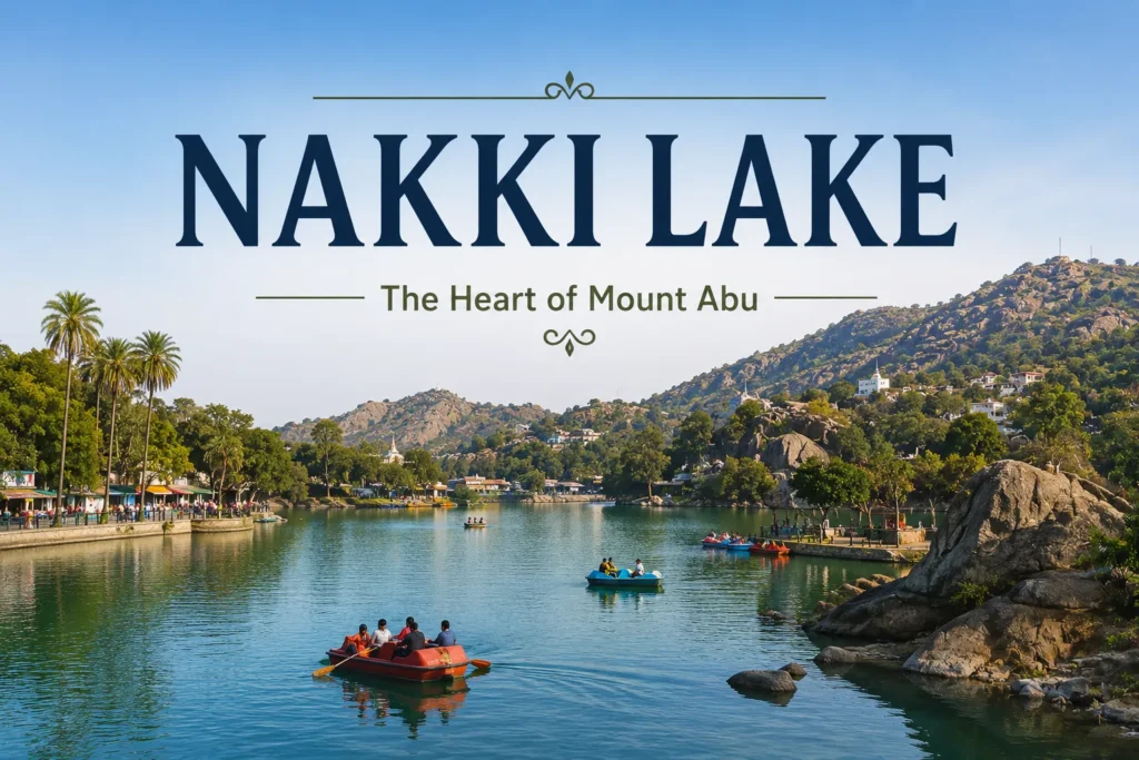 Tourists enjoying boating at Nakki Lake in Mount Abu surrounded by scenic hills